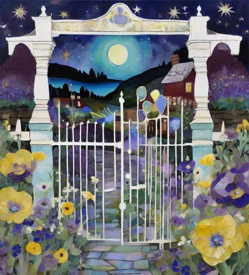 Prompt: gate and/or gait Mixed media of Fluorite, Gold Cloisonne, and Alcoholink with thin black purple gold bright white lines at boundaries. Shades of deep burgundy, lemony yellow, indigo, teal, deep mauve. English country village in the night with cute houses, delicate, fragile. Michaelmas daisies and bright stars and pansies in foreground composed of Fluorite. Delicate Faberge gold cloisonne half moon in mauve and gold details, inlaid with fresh water pearls 