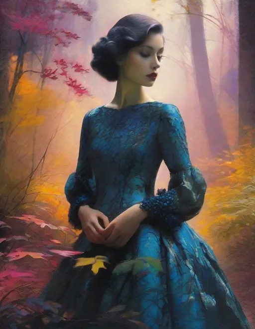 Prompt: A beautiful young lady, beautiful face, in a magical ghostly forest art by  Edward Steichen, Yves Saint-Laurent, Paolo Roversi, Thomas Edwin Mostyn, Hiro isono, James Wilson Morrice, Axel Scheffler, Gerhard Richter, pol Ledent, Robert Ryman. Guache Impasto and volumetric lighting. Mixed media, elegant, intricate, beautiful, award winning, fantastic view, 4K 3D, high definition, hdr, focused, iridescent watercolor and ink