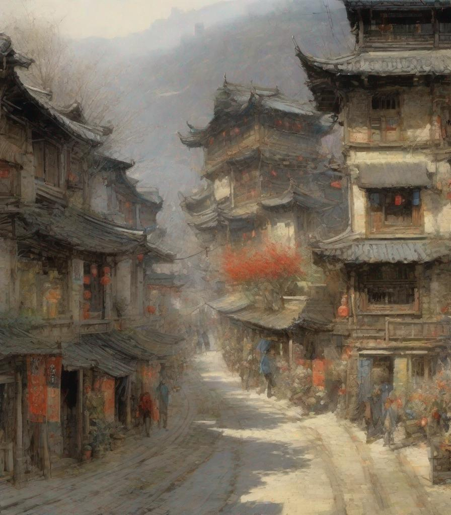 Prompt: The beautiful village style of Albert Goodwin and Wu Guanzhong. Extremely detailed, intricate, beautiful, 3d, high definition 