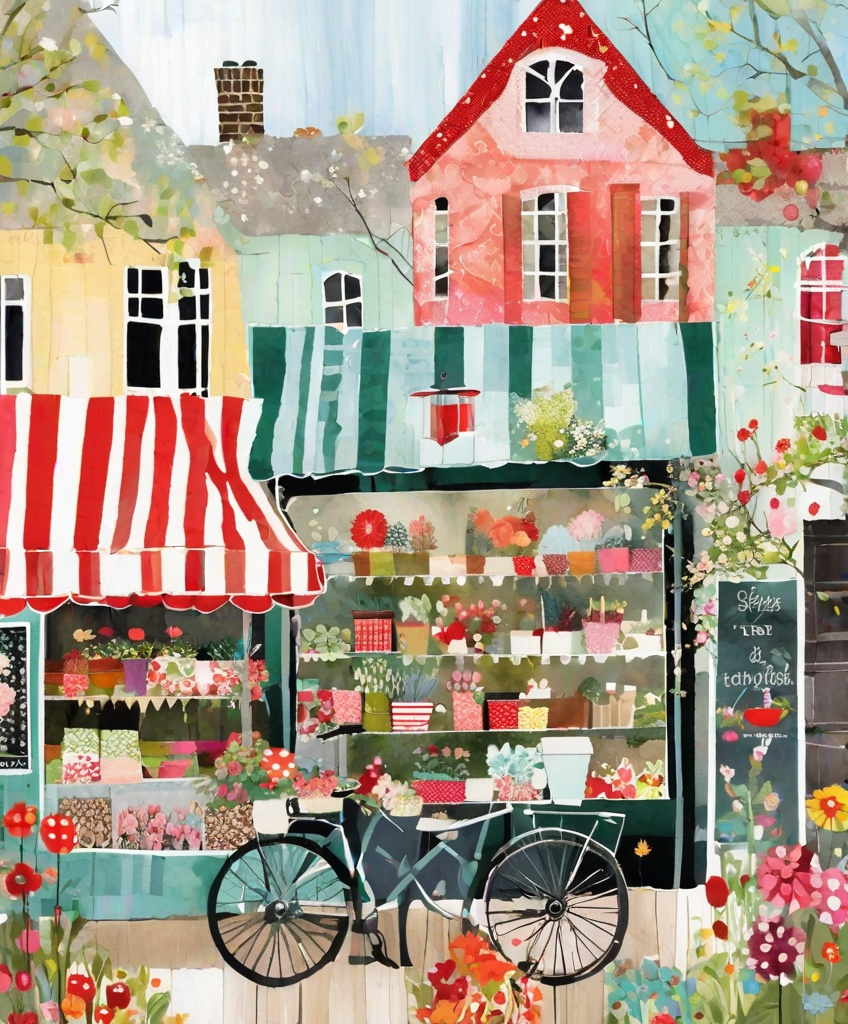 Prompt: a trash polka painting shows a coffee garage sale shop , in the style of lucy grossmith and victoria ball, colorful patchwork, chic illustrations, bright spring colors, floralpunk, windows vista, use of fabric 