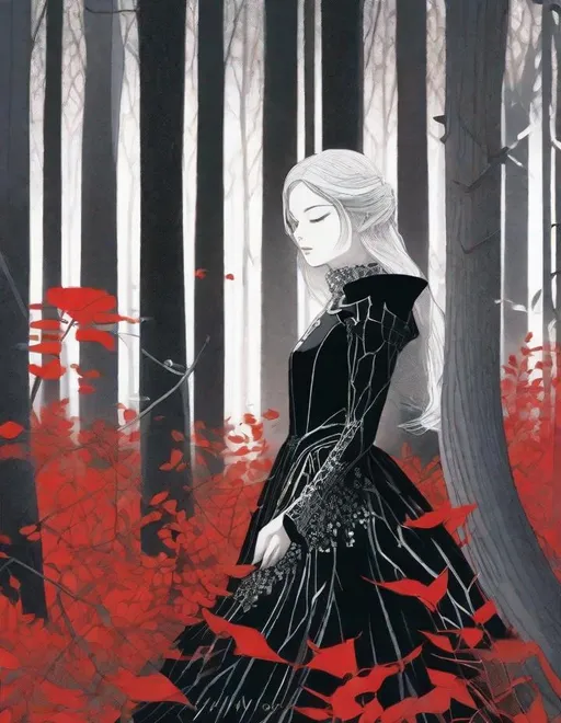 Prompt: A beautiful young lady, beautiful face, wearing black/silver dress in a ghostly forest of white stem trees with red leaves, god rays through the tees, rim lighting, art by  Masaaki Sasamoto, Yves Saint-Laurent, Paolo Roversi, Thomas Edwin Mostyn, Hiro isono, James Wilson Morrice, Axel Scheffler, Gerhard Richter, pol Ledent, Robert Ryman. Guache Impasto and volumetric lighting. Mixed media, elegant, intricate, beautiful, award winning, fantastic view, 4K 3D, high definition, hdr, focused, iridescent watercolor and ink