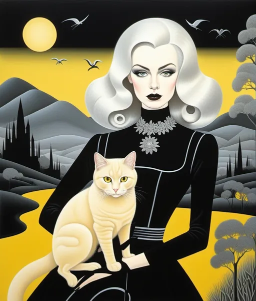 Prompt: Vladimir Tretchikoff, Irmgard Schoendorf Welch, Ruben Ireland, Paolo Uccello, Ghostly beautiful eccentric girl, rockabilly fashion hair style, wearing a strange asymmetrical black dress with white random stitches, holding a creepy cute yellow cat, a gothic dreamy landscape background by Sam Chivers, piercing odd colored eyes