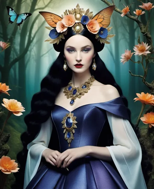 Prompt: Style by Laurie Simmons, Anastazja Markowicz, Erwin Blumenfeld, Meret Oppenheim, Yoann Lossel, Dan Hillier, Peter Lippmann, Abigail Larson, Catrin Welz-Stein, Kathleen Lolley: The wandering beautiful mythical  mage, she sings a whimsical tune to enchant the animals, whimsical landscape, Vivid warm colors (use colors like: peach, indigo, purple, yellow), beautiful, dreamy. 