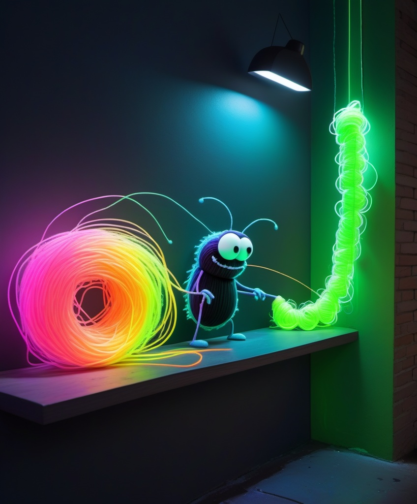 Prompt: a pixar style cartoon but made for adults of a skinny thug creature spraying graffiti string at a wall and painting a string wool artwork out of neon silk glow worm thread, light artwork