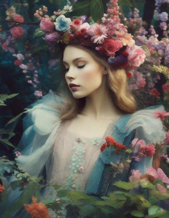 Prompt: Lovely pretty beautiful young lady, beautiful face, in a magical whimsical fashion forest in bloom art art by  Aline Smithson, Yves Saint-Laurent, Yulia Brodskaya, Edward Julius Detmold, Paolo Roversi, Thomas Edwin Mostyn, Hiro isono, James Wilson Morrice, Axel Scheffler, Gerhard Richter, pol Ledent, Robert Ryman. Guache Impasto and volumetric lighting. Mixed media, elegant, intricate, beautiful, award winning, fantastic view, 4K 3D, high definition, hdr, focused, iridescent watercolor and ink