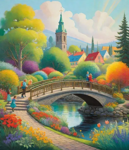 Prompt: Larsson's depiction of Bifrost captures a joyful, lively garden scene, with the bridge arching overhead in a burst of impressionistic color. The playful interaction between figures and the mythical structure adds a whimsical charm. This artwork is a celebration of life and legend, where the bridge becomes a backdrop to human joy. Larsson's Bifrost is a colorful embrace of myth and happiness. 