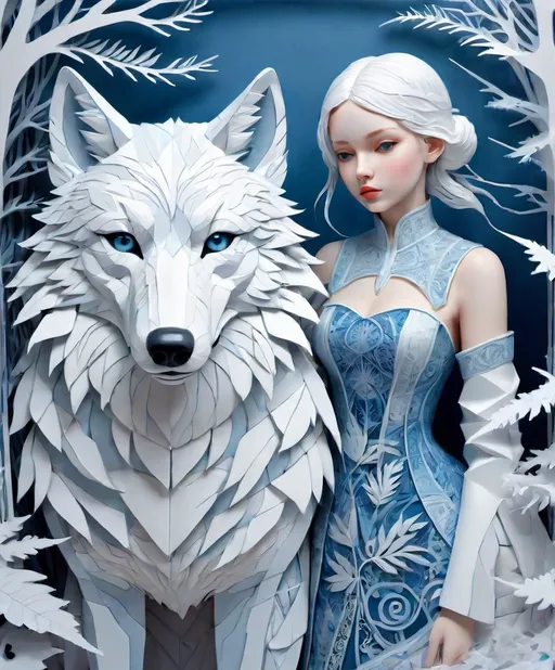 Prompt: the patchwork beautiful young lady and her loyal companion the Big white Winter wolf. paper cutout, washi paper, cardboard relief, detailed, fern leaves, Snow, by artgerm, Megan duncanson, James Jean, shaun tan, madoka magica, by kay nielsen, embossing fairy tale, whimsical, trending on artstation. Super clear resolution, elegant beautiful, lovely, best quality, beautifully lit, vray tracing, gradient chrome Blue
