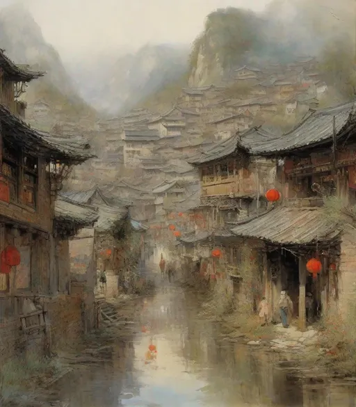 Prompt: The beautiful village style of Albert Goodwin and Wu Guanzhong. Extremely detailed, intricate, beautiful, 3d