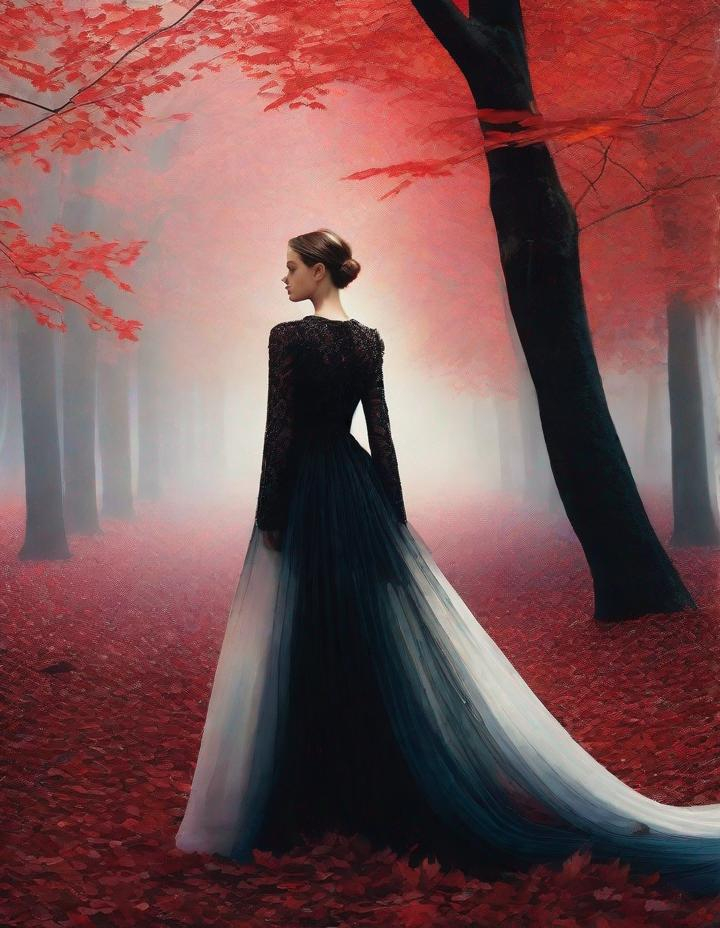 Prompt: A beautiful young lady, beautiful face, wearing opalescent black dress in a ghostly forest of white stem trees with red leaves, god rays through the tees, rim lighting, art by Mario Sorrenti,  Yves Saint-Laurent, Paolo Roversi, Thomas Edwin Mostyn, Hiro isono, James Wilson Morrice, Axel Scheffler, Gerhard Richter, pol Ledent, Robert Ryman. Guache Impasto and volumetric lighting. 3/4 portrait, Mixed media, elegant, intricate, beautiful, award winning, fantastic view, 4K 3D, high definition, hdr, focused, iridescent watercolor and ink