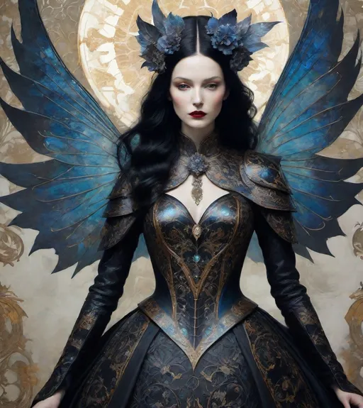 Prompt: Style by Bastien Lecouffe-Deharme, Hayv Kahraman, Erik Madigan Heck, Nicholas Hughes, Nicholas Hilliard, Daarken, faerietale couture, dark fantasy:: Whimsical beauty alice in wonderland, decoupage, intertwined with encaustic painting, impasto, ethereal foggy, craquelure, tempera effect, lanquerware with mother of pearl inlay, vampiress godess, spread dark dragon iridescent wings, in the asterism sky, medieval armor with geoglyph engraves, in action, with a heliocentric kinetic glowing spear, 