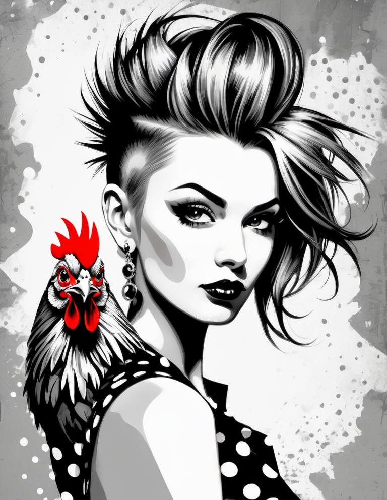 Prompt: Polka dot punk pin up lady with a metaphorical chicken mohawk, blended grafitti artwork, sketched, photorealistic Poster art 