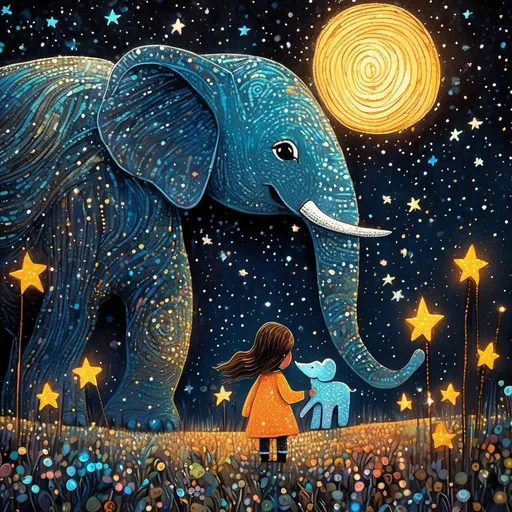Prompt: The little native super cute girl holding her star magical stick and her cute elephant friend. In style of james r eads and Sam Toft. Naive art, 3d, extremely detailed, intricate cinematic lighting, high definition 