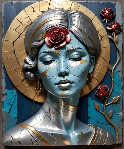 Prompt: a highly detailed abstract woman in silver blue patina metal with beautiful vibrant colors, elements of kintsugi, the background is stone textured and there's a small rose glow on top of it, there are some cracks in the wood that have been filled with acrylic paint, the bottom half has golden streaks of light shining through from behind