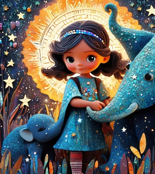 Prompt: The little native American super cute girl holding her star magic wand posing with her cute elephant friend. In style of james r eads,  Sam Toft, Anna dittmann, Justin Gaffrey, John Lowrie Morrison, Patty Maher, John Ruskin, Chris Friel, van Gogh. 3d, extremely detailed, intricate cinematic lighting, high definition 