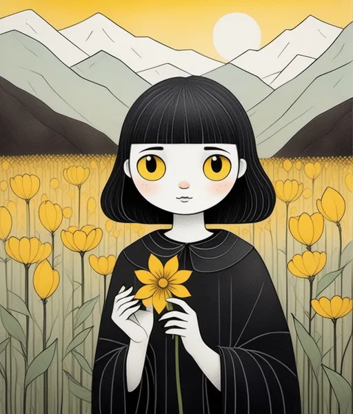 Prompt: Ghastly Girl wonder holding a yellow flower, Lim Heng Swee, Marc Johns, Kate Leth, minimalist guache landscape background, piercing odd colored eyes, encaustic texture.