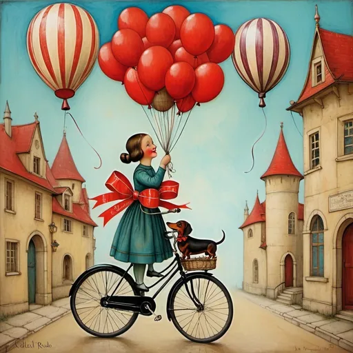 Prompt: A dachshund dog wrapped in red ribbons and being lifted by seven red balloons while a cute princess girl in a bicycle laughs about it, whimsical background, dreamy surreal quality, Encaustic paint, style by Graciela Rodo Boulanger, Mabel Lucie Attwell, Sam Toft, Sue Reno, catrin Welz-stein, J. E. H. MacDonald, Alasdair Gray, Yvonne Coomber, Sergei Diaghilev, Dan Colen, Jan Brett