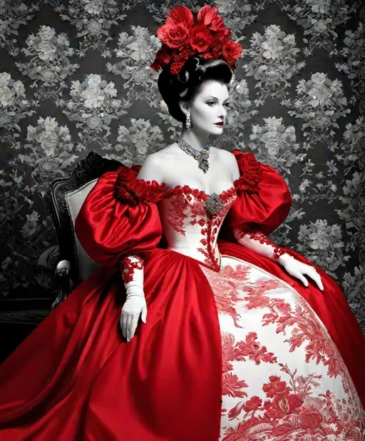 Prompt: photonegative refractograph beautiful evil lady in scarlet toile haute couture 