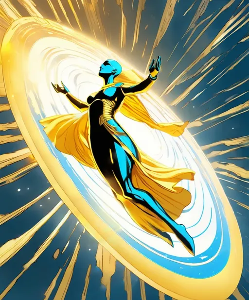 Prompt: hovering heliocentric goddess descending from the sky, epic noonday sky, sun flare behind her, in the style of Dr. Manhattan from Watchmen comics, glossy, golden, curvaceous 