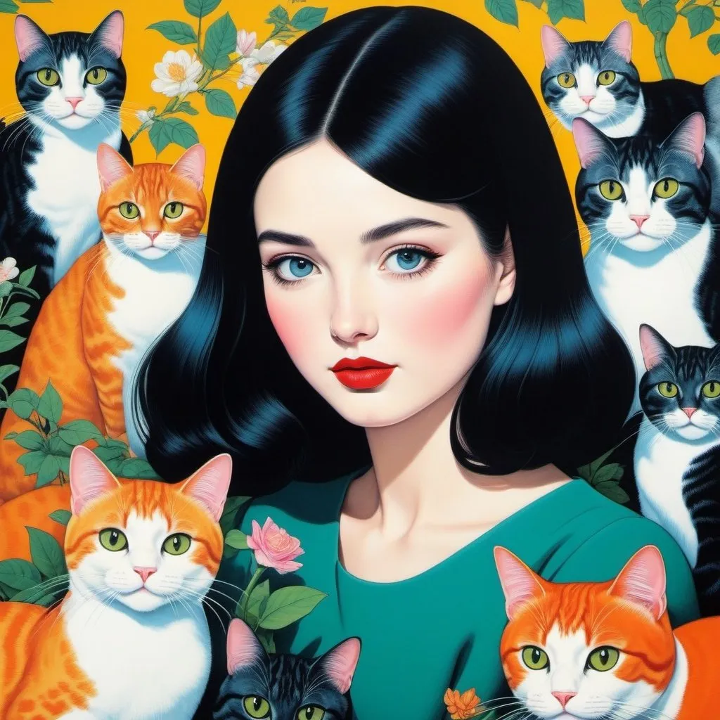 Prompt: The very pretty girl, She likes cats a lot, an unreasonable amount of cats, vivid thick colors, Olimpia Zagnoli, Simen Johan, Harumi Hironaka, Anna Silivonchik, Norman McLaren