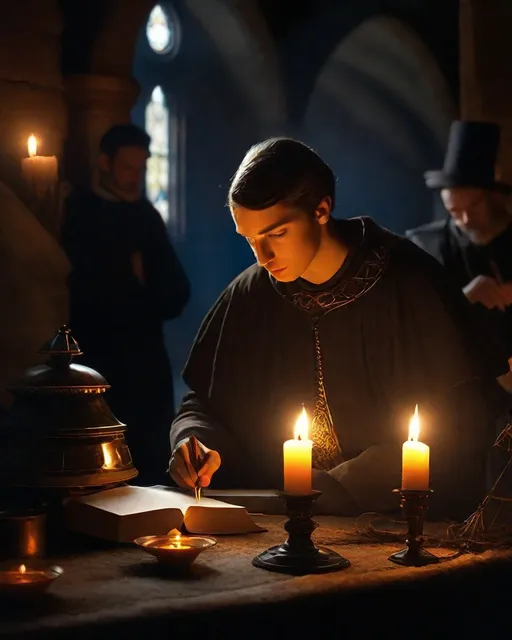 Prompt: low key , This composite image combines digital manipulation with hyperrealistic portraiture, blending 15th-century styles with modern Daz3D and Maya techniques. Influences from the Pont-Aven School, Ashcan School, Xmaspunk, and Wizardcore are evident. The lighting is dramatically realized through candlelight, creating a mysterious, storybook-like atmosphere. This mix of iconic civil rights imagery and multicultural elements adds depth, bridging historical significance with contemporary flair in a captivating, narrative-driven visual experience.a first grade worksheet, the asterism lux lucet in Tenebris by Edward steichen
