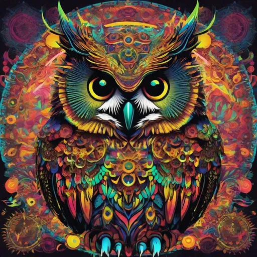 Prompt: the king of horned owls:: psychedelic machinery, 3d psychedelic machinery