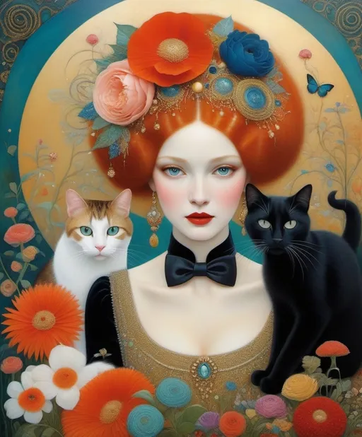 Prompt: Inspired by Catrin Welz - Stein, Victor Nizovtsev, Florine Stettheimer, Gustav Klimt, highly detailed and elegant painting, the eccentric beautiful lady and her tuxedo magical cat, organic surrealistic shapes, exquisite composition, intricate detail, ultra maximalism, flowers.

