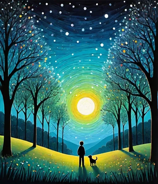 Prompt: Don Hertzfeldt-inspired masterpiece: A whimsical night scene, a heartwarming duo of stick figure boy and father under the moonlight, a dog,  surrounded by a mesmerizing field of trees, a dreamlike ambiance, enchanting and magical feel, naive art style with a touch of impasto, vibrant colors, surreal and imaginative setting, intricate details in the tree foliage, stars twinkling in the sky, 