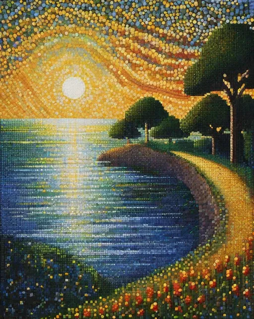 Prompt: Craft a pointillist masterpiece portraying "will-o'-the-wisps" dancing in the night, in the style of Georges Seurat's "A Sunday Afternoon on the Island of La Grande Jette." 
