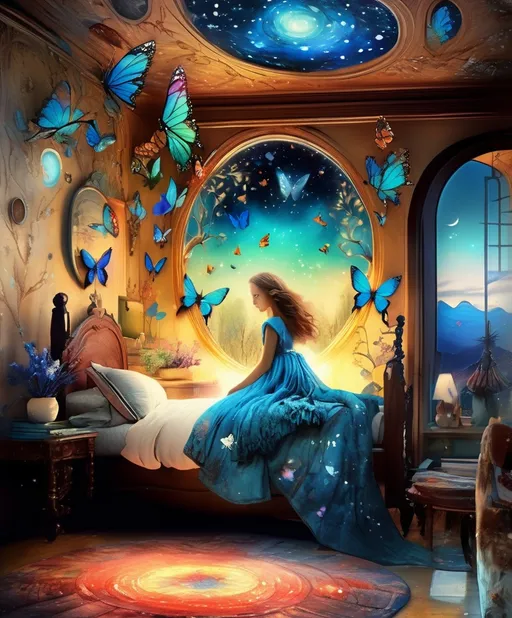 Prompt:  A cute girl in magical fantastic bedroom with whimsical animals , butterflies and art by Florence Harrison, Yulia Brodskaya, catrin Welz Stein, Rosalba Carriera, pol Ledent, Doug Chinnery, Maud Lewis, Valerie Hegarty, Endre Penovac, Justin Gaffrey. inlay, watercolors and ink, beautiful, fantastic view, extremely detailed, intricate, best quality, highest definition, rich colours. intricate beautiful dynamic lighting award winning fantastic view ultra detailed 4K 3D high definition hdr 