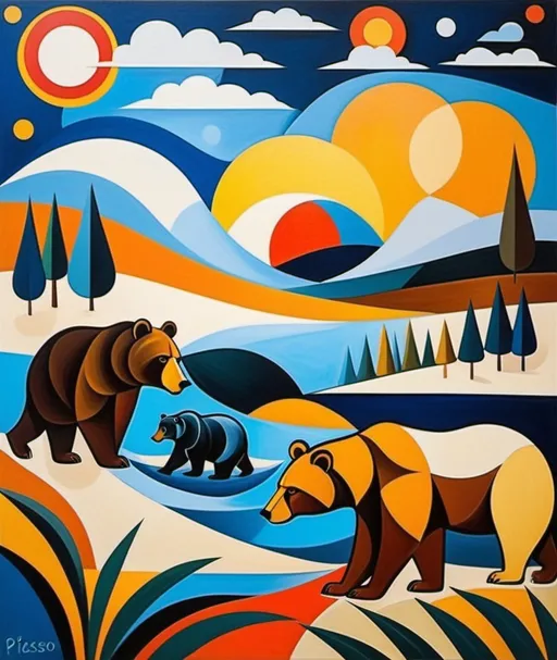 Prompt: abstract by picasso, hot vs cold bears, fauna, ecosystem, harmony, wisdom of the ages reflected in creation