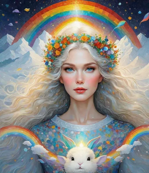 Prompt: Thick pallet impasto, snowy mosaic, cotton hair, Bifrost goddess playing with her bunnies across the rainbow bridge, In Norse mythology, Bifröst (/ˈbɪvrɒst/), also called Bilröst, is a burning rainbow bridge that reaches between Midgard (Earth) and Asgard, the realm of the gods, by Charis Tsevis, Gustav Klimt 