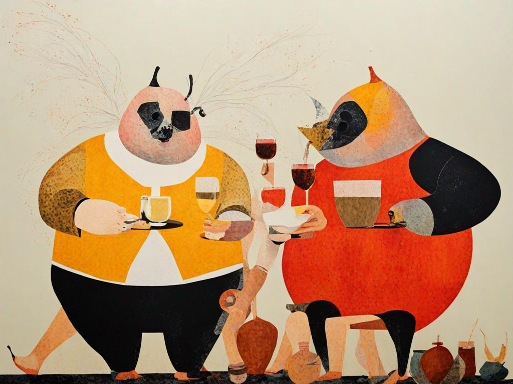 Prompt: happy, cute, obese, abstract italian acherontia, paper collage, having a drink with a friend