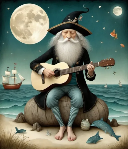 Prompt: Style by Tomasz Sętowski, Gabriel Pacheco, Catrin Welz-Stein, Dee Nickerson, Kathleen Lolley, Tara McPherson: The wandering old mythical pirate wizard plays a whimsical tune on his guitar, by the sea moonlight, the animals listen, whimsical, Vivid colors, beautiful, dreamy. 