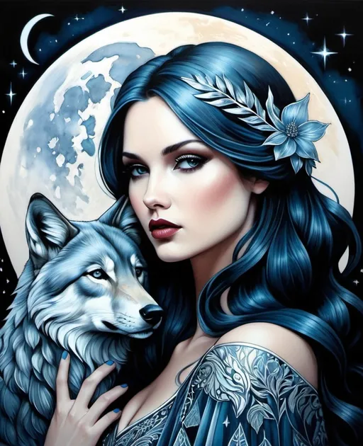 Prompt: She is a mysterious Lady of the moonlight night surrounded by animals style of Kathy Fornal, Jenny Frison, Daarken, Jessica Durrant, Sophie Delaporte. 3/4 body portrait, Cold Chrome colors tone, Extremely detailed, intricate, beautiful, 3d, high definition