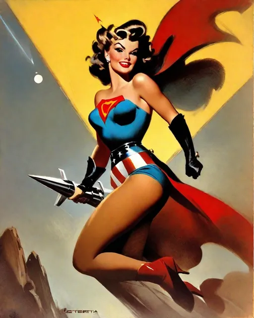 Prompt: superheroine, Asterism Woman. Swagger. Art by Gil Elvgren and Frank Frazetta and Boris Vallejo.