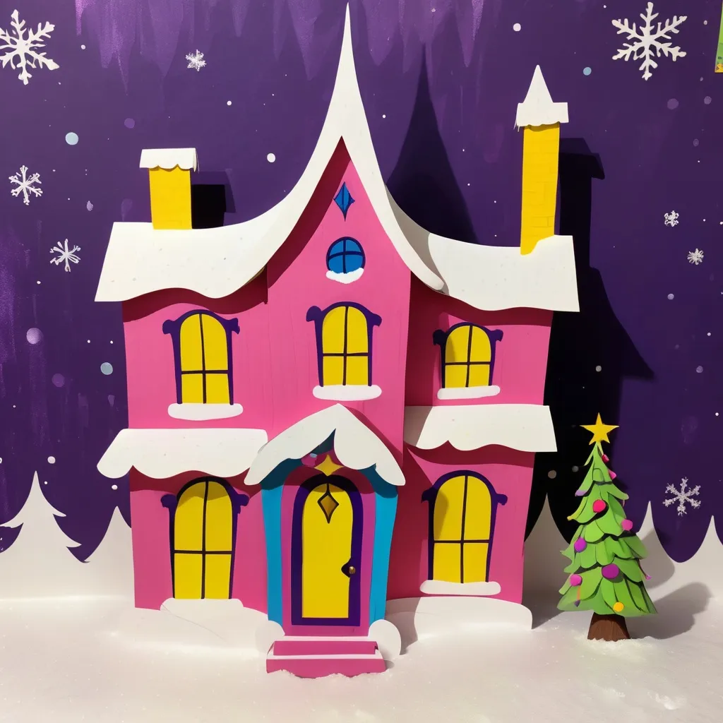 Prompt: simple, minimalistic, whoville house, multimedia paper and cardboard layers, acrylic paint, art exhibit, blurple pink yellow simple, minimalistic, whimsical winyer christmas whoville house, grinch, multimedia, flash, 2D, colorful cardboard layers, acrylic paint, art exhibit, blurple pink with winter snow, Christmas tree film noir 