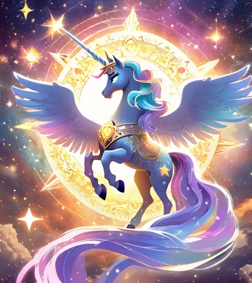 Prompt: In this heliocentric masterpiece, Princess Celestia is portrayed as the radiant sun herself, surrounded by a cosmic tapestry of swirling galaxies and celestial bodies. Her majestic wings extend like solar flares, casting a warm and golden glow that bathes the entire canvas. The sunburst cutie mark on her flank serves as the epicenter of a heliocentric system, with beams of light radiating outward, symbolizing her benevolent rule over Equestria. Celestia's flowing mane and tail cascade like solar winds, trailing behind her in vibrant hues that mirror the colors of a sunset. Her eyes gleam with the wisdom of the cosmos, reflecting the vastness of space and time. The regal alicorn stands tall, her silhouette a beacon of light against the cosmic backdrop. The celestial surroundings are adorned with constellations shaped like familiar elements of Equestria – a moon, stars, and other whimsical symbols. The overall effect is a harmonious blend of majestic power and ethereal beauty, capturing Princess Celestia as the sun sovereign, the focal point of a heliocentric universe. 