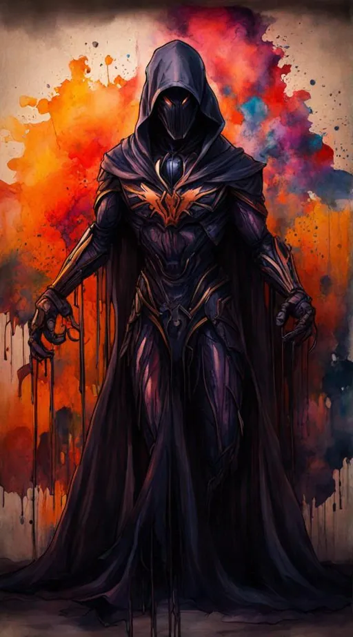 Prompt: Creative photo of robot , fused with venom symbiote suit, long cape, evil pose, flowing draperies, hypermaximalist watercolor dripping on the wall 