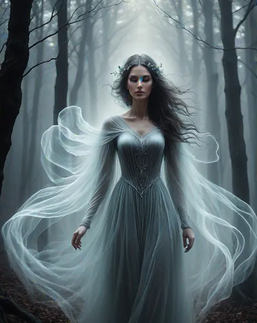 Prompt: ghastly ghostly woman will-o'-the-wisp, translucent, ethereal, grimdark Foggy Forest background 