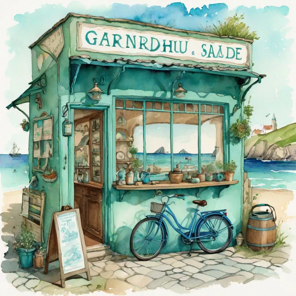 Prompt: gairndhu vintage garage sale shop & cafe, in the style of whimsical illustration, sea green and blue, medievalist, bombacore, endurance art, british topographical, aquarellist 