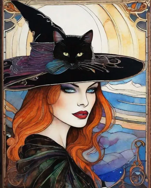 Prompt: A mesmerizing witch with pretty face and beautiful green eyes and her black cat art by Saturno Butto, Leon Bakst, Marc Allante, Charles Robinson, pol Ledent. inlay, watercolors and ink, beautiful, fantastic view, extremely detailed, intricate, best quality, highest definition, rich colours. intricate beautiful, award winning fantastic view ultra detailed, 3D high definition