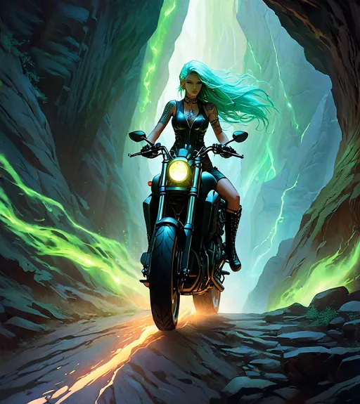 Prompt: A fierce slender young woman, her phosphorescent hair flowing, tattoos glowing faintly with arcane energy, her numerous piercings shimmering, navigating a rugged motorcycle through a mystical *Heliocentric* canyon path, the sheer walls etched with glowing runes, an aura of danger, determination, and mystique permeating the scene, Artwork, watercolor painting on rough paper to enhance textures and light diffusion 
