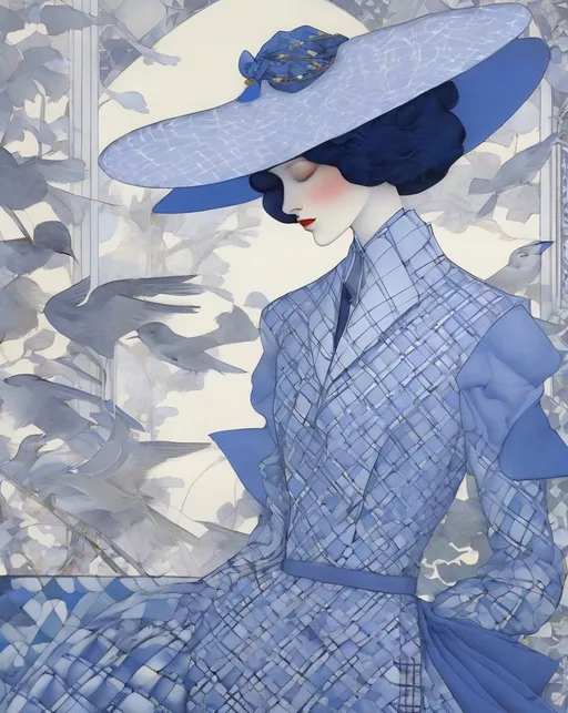 Prompt:  sartorial sea princess and the thornbird, , elegant, romanza, fine detail, houndstooth, checks, wooly, i feel the lavender haze creeping up on me , ultramarine, titanium, james jean, Bastien Lecouffe-Deharme, Hayv Kahraman, milo manara, 