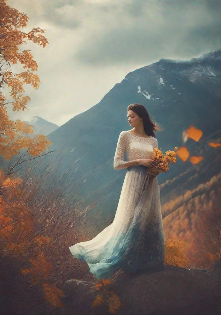 Prompt: Single image, double body exposure: The Very Beautiful dreamy lady, with beautiful face, her body is an eerie landscape, a mountain with autumn flowers art by Anka Zhuravleva, Antonio mora, Sandy Welch, Jane Small, Aliza Razell, Eduard Veith, Joel Robison, Mikhail Vrubel, Ferdinand Hodler, Christoffer Relander, William Timlin, Charles Rennie Mackintosh, John Lowrie Morrison, Sidney Nolan. 3d, Volumetric lighting, mixed media, Best quality, crisp quality, optical illusion.