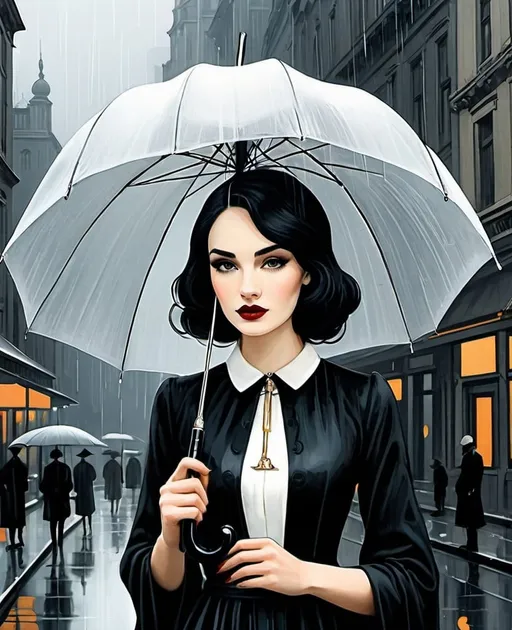 Prompt: illustration of a pretty young lady holding an umbrella, in the style of surrealist-inspired works, gothic neo-pop surrealism, Kate Baylay, Hayv Kahraman, Troy Brooks, Lucien Clergue, Cathy Horvath Buchanan, Alan Aldridge, Lotta Jansdotter, vienna secession, off white and black, raining day, metropolis tall buildings background, intricate flowers, jewelry by painters and sculptors, elegant, emotives faces, goth fashion, subtle playfulness