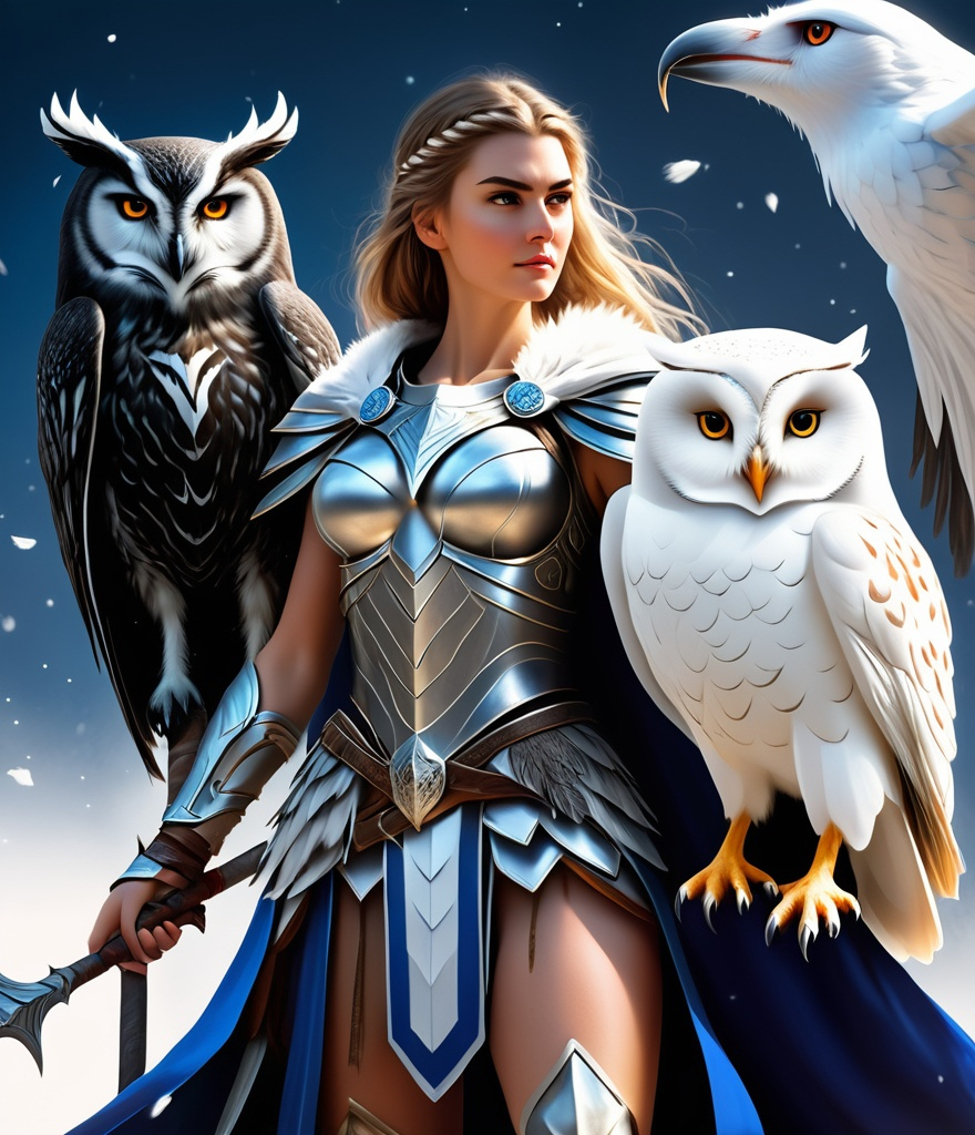 Prompt: A girl of stunning beauty in Greek armor with a white spear and a white owl on her shoulder stands relaxed on the Bifrost, waiting for the approaching Odin with ravens on his shoulders and a black spear 