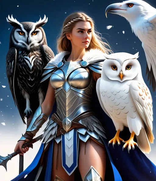 Prompt: A girl of stunning beauty in Greek armor with a white spear and a white owl on her shoulder stands relaxed on the Bifrost, waiting for the approaching Odin with ravens on his shoulders and a black spear 