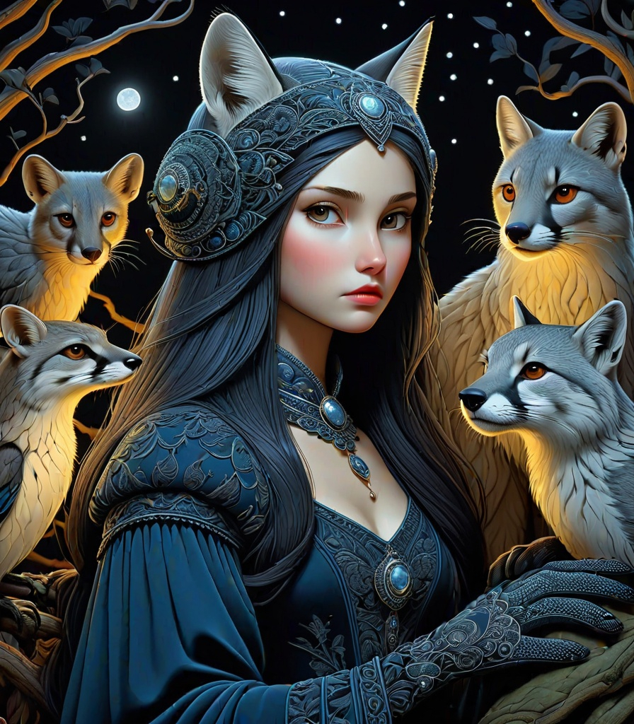 Prompt: She is a night girl with night animals style of Simen Johan, Michael Hutter, Genevieve Godbout, Morris Hirshfield, Robert Gillmor, Amy Giacomelli. Extremely detailed, intricate, beautiful, 3d, high definition 