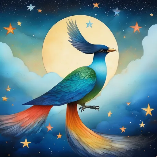 Prompt: In style of christian Schloe and daria Petrilli, a giant colorful bird flying in a whimsical night sky with a beautiful cute girl , she has a very long and wild  ombre gradient blue hair, and is flying on the Bird back . Craquelure, egg tempera effect, Naive art, extremely detailed, optical illusion, oil painting 