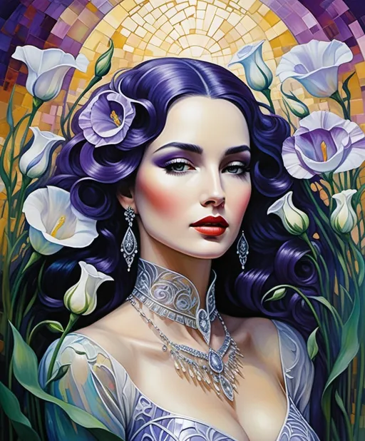 Prompt: Peeling encaustic texture, Mert Alas, Karen Tarlton, Irene Sheri Vishnevskaya, Irmgard Schoendorf Welch, Aimee Stewart, the beguilling goddess of death lounges in a field of lisianthus, She inspires fear, yet we are drawn to her. Seeking her embrace and the resulting serenity. 